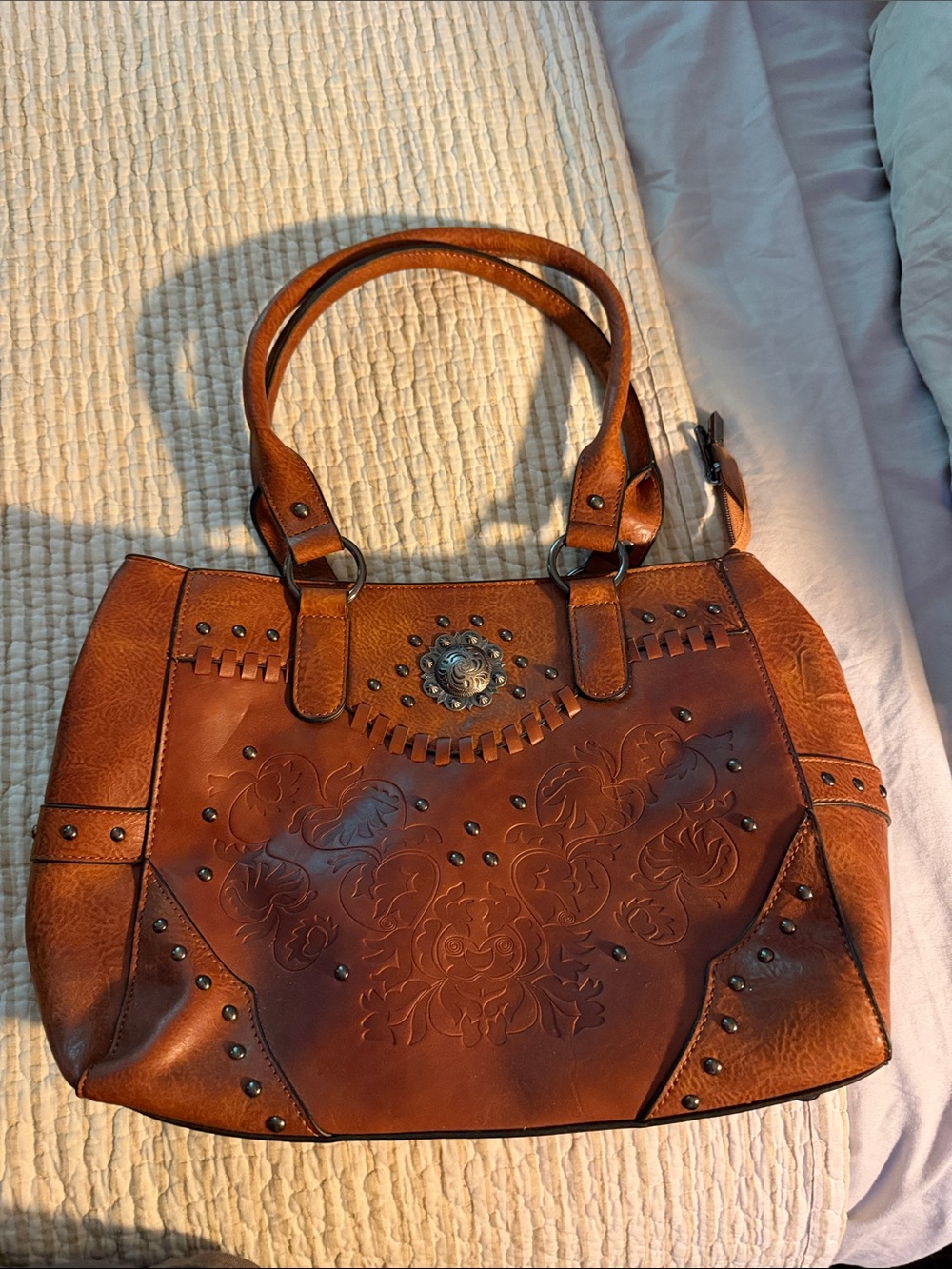 Embossed Brown Leather Shoulder Bag with Stud Accents